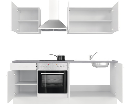 Kuchyňská linka se skříňkami, dřezem, sporákem, troubou a odsavačem par