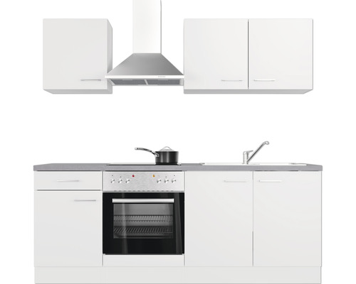 Kuchyňská linka s dřezem, sporákem, troubou, digestoří a horními skříňkami