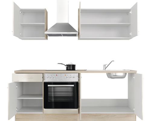 Kuchyňská linka s dřezem, sporákem, troubou, digestoří a otevřenými skříňkami