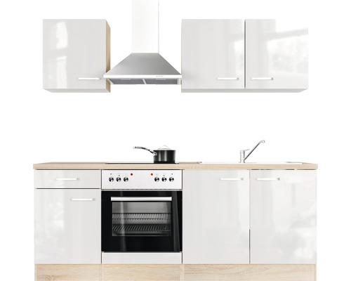 Kompletní kuchyňská linka s bílými skříňkami, varnou deskou, troubou a odsavačem par