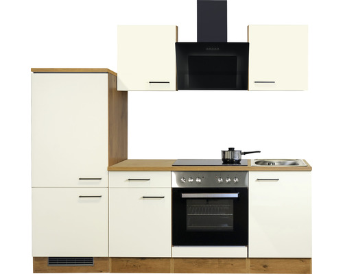 Kuchyňská linka se závěsnými skříňkami, dřezem, sporákem, troubou a odsavačem par