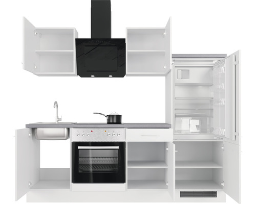 Kuchyňská linka s dřezem, sporákem, digestoří a lednicí