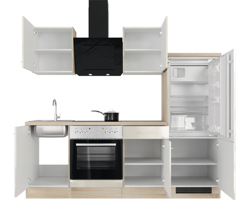 Kuchyňská linka s umyvadlem, sporákem, digestoří a chladničkou