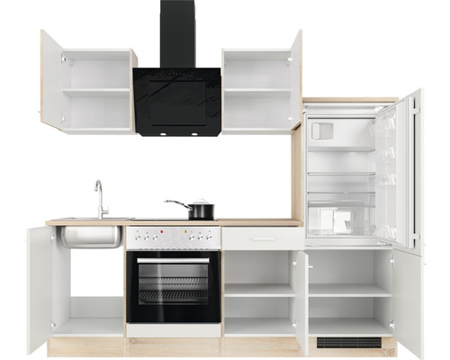 Kompletní kuchyňská linka s dřezem, varnou deskou, troubou, digestoří, lednicí a skříňkami