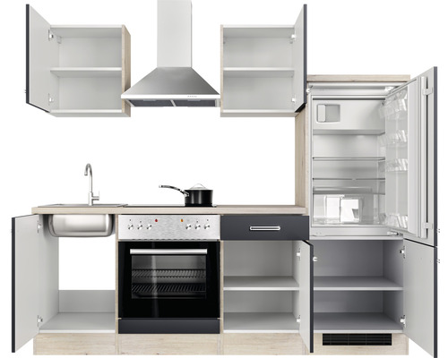 Kuchyňská linka s dřezem, sporákem, troubou, digestoří, lednicí a otevřenými dvířky skříněk