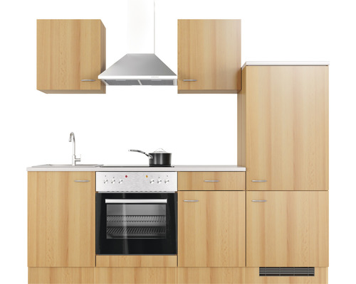 Kuchyňská linka se závěsnými skříňkami, digestoří, dřezem, sporákem a lednicí