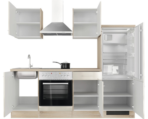 Vestavěná kuchyně s dřezem, varnou deskou, troubou, digestoří, lednicí a otevřenými skříňkami