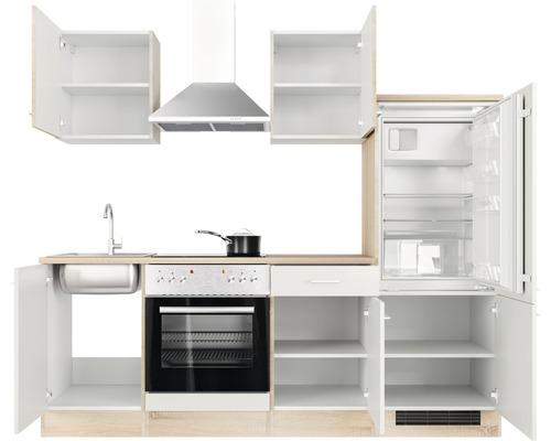 Kompletní kuchyňská linka s dřezem, varnou deskou, troubou, chladničkou a odsavačem par