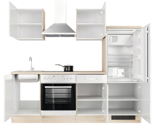 Kuchyňská linka s dřezem, varnou deskou, troubou, digestoří a chladničkou s otevřenými dvířky skříněk