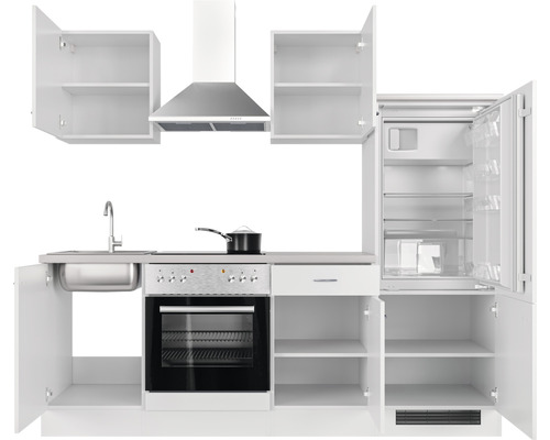 Kompaktní kuchyňská linka s dřezem, sporákem, troubou, digestoří, chladničkou a horními skříňkami