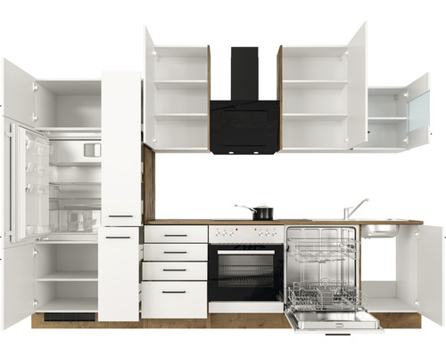 Kompletní kuchyně s chladničkou s mrazákem, myčkou, sporákem a digestoří