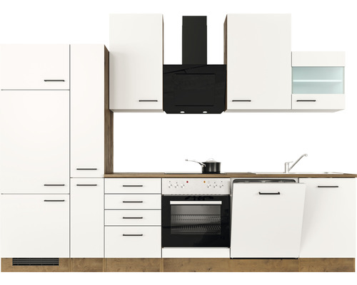 Kompletní kuchyně s bílými skříňkami, odsavačem par a spotřebiči