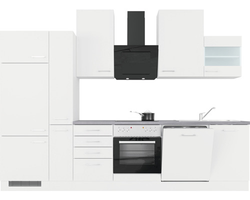 Kompletní bílá vestavná kuchyň s elektrickými spotřebiči, odsavačem par a dřezem.