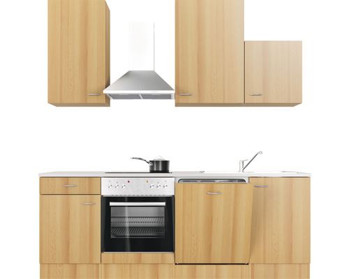 Kuchyňská linka s dřezem, sporákem, digestoří a závěsnými skříňkami