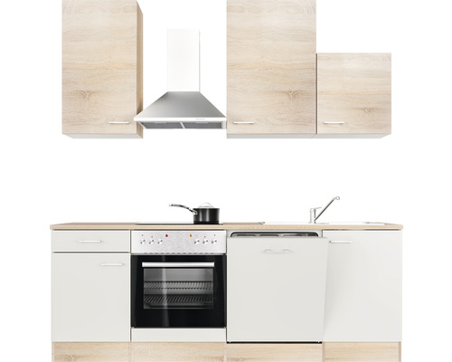 Kuchyňská linka se závěsnými skříňkami, digestoří, sporákem, dřezem a myčkou nádobí