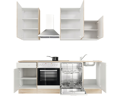Kuchyňská linka s dřezem, myčkou, sporákem, troubou, digestoří a horními skříňkami