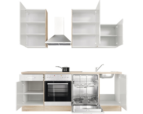 Kuchyňská linka s dřezem, myčkou, sporákem, troubou, digestoří a horními skříňkami