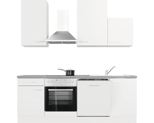 Bílá vestavná kuchyně s dřezem, myčkou, sporákem, troubou a odsavačem par.