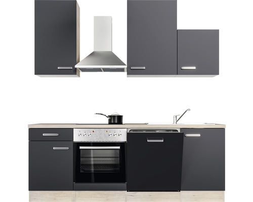 Kompletní kuchyně s horními a dolními skříňkami, digestoří a elektrickými spotřebiči.