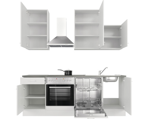 Kuchyňská linka s dřezem, myčkou, sporákem, digestoří a horními skříňkami