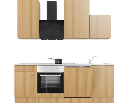 Kuchyňská linka s horními skříňkami, digestoří, dřezem, sporákem, troubou a myčkou nádobí