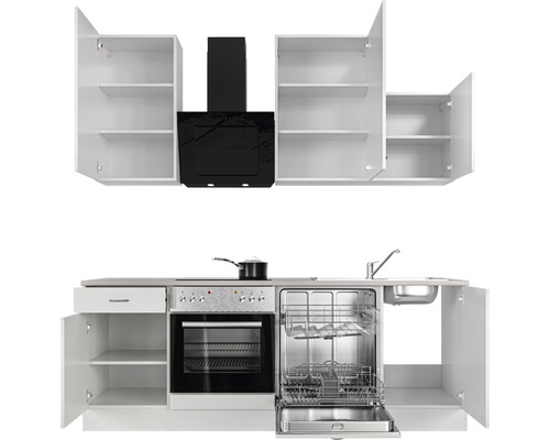 Kompletní kuchyňská linka se závěsnými skříňkami, digestoří, dřezem, varnou deskou, troubou a myčkou nádobí