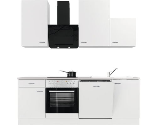 Kompletní bílá kuchyně s digestoří, dřezem, sporákem a myčkou.