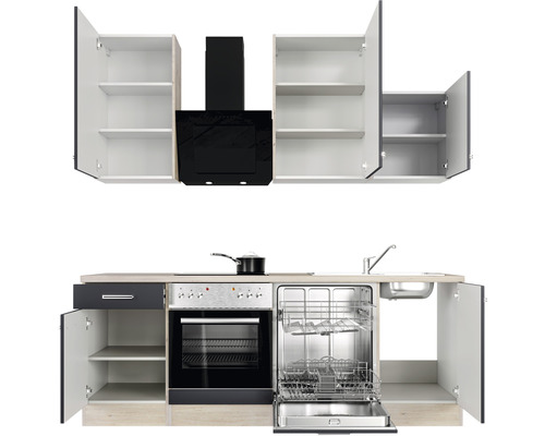 Kuchyňská linka s dřezem, myčkou, sporákem, digestoří a horními skříňkami