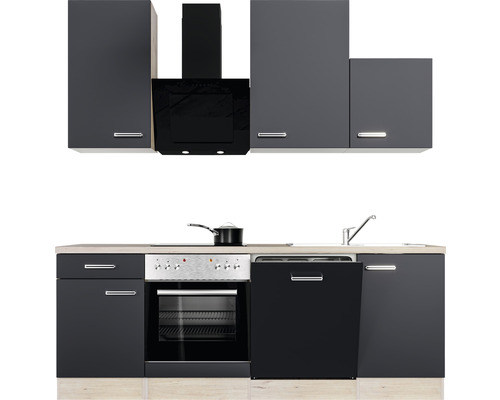 Kompletní kuchyňská linka s dřezem, sporákem, troubou, myčkou, digestoří a horními skříňkami v tmavém provedení