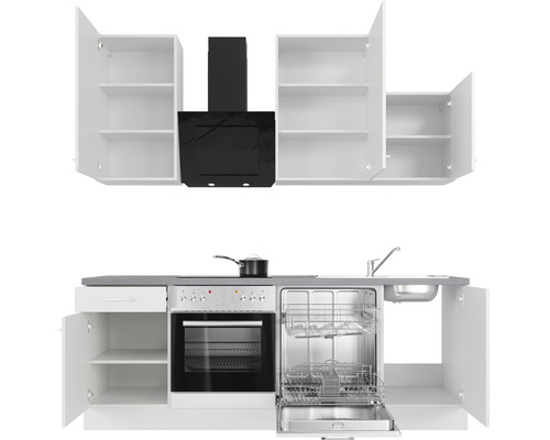 Kuchyňská linka s dřezem, myčkou, sporákem, troubou, digestoří a skříňkami