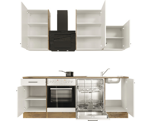 Kuchyňská linka s dřezem, myčkou, sporákem a digestoří