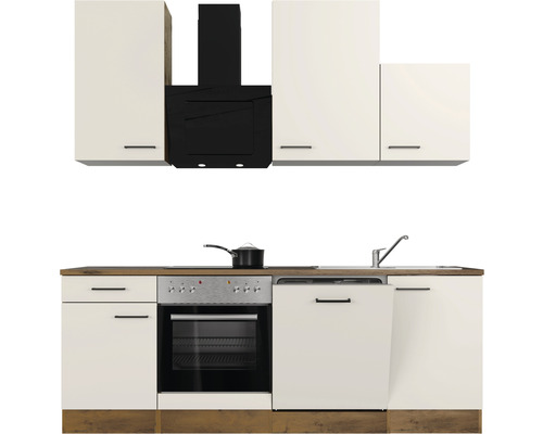 Kuchyňská linka s horními skříňkami, digestoří, sporákem, myčkou a dřezem