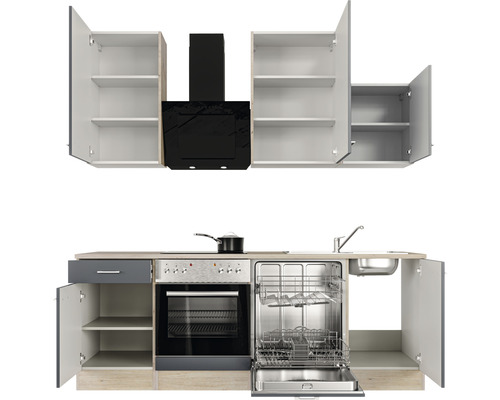 Kuchyňská linka s horními skříňkami, digestoří, sporákem, myčkou a dřezem