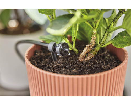 Zavlažovací systém pro hrnkovou rostlinu v provozu