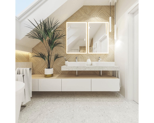 Světlá koupelna s dvojitým umyvadlem, osvětlenými zrcadly a pokojovou rostlinou.