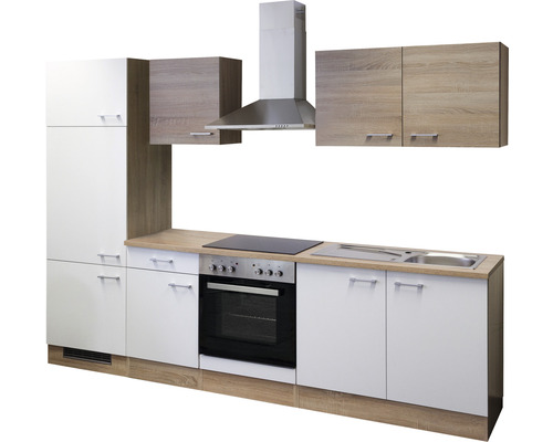 Kuchyňská linka se skříňkami, dřezem, sporákem a odsavačem par