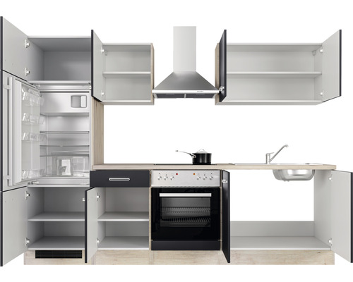 Kuchyňská linka s chladničkou, sporákem, dřezem a odsavačem par