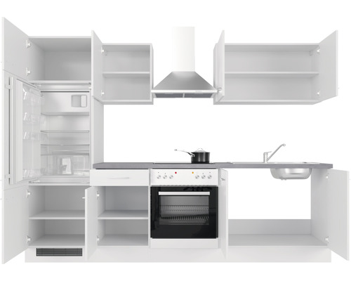 Kompletní kuchyňská linka se skříňkami, lednicí, sporákem, dřezem a odsavačem par