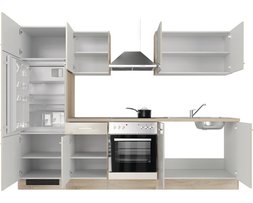 Kuchyňská linka s chladničkou, sporákem, dřezem a digestoří