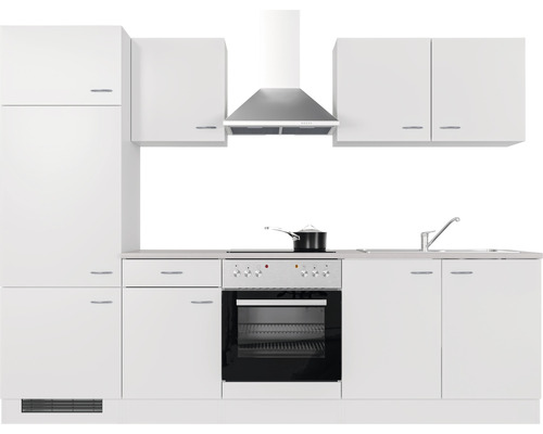 Kompletní bílá kuchyňská linka s dřezem, sporákem, troubou, digestoří a skříňkami