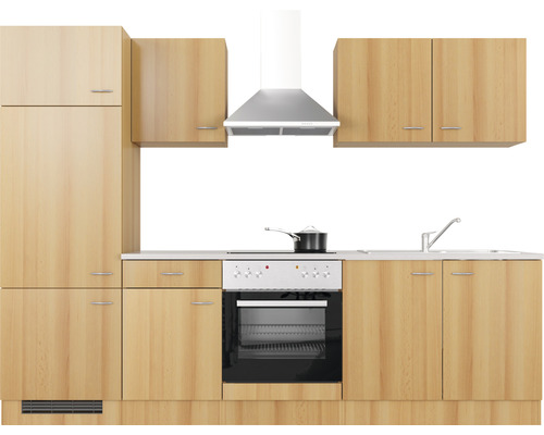 Kuchyňská linka s horními a dolními skříňkami, digestoří a elektrickým sporákem