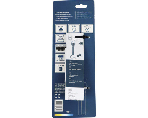 LED akumulátorová svítilna v balení s krytím IPX4, USB konektorem typu C, 7,2 V, 4000 mAh a funkcí zoom