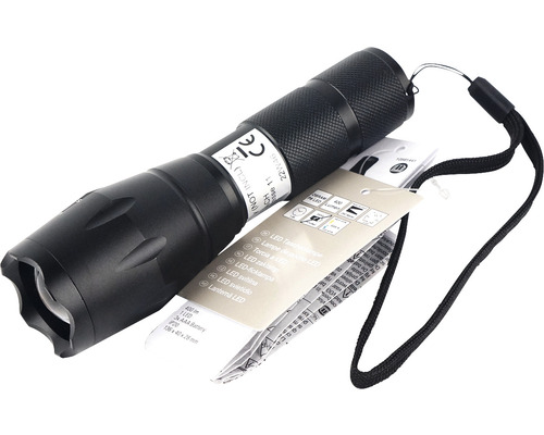 Černá LED svítilna s poutkem na ruku a štítkem