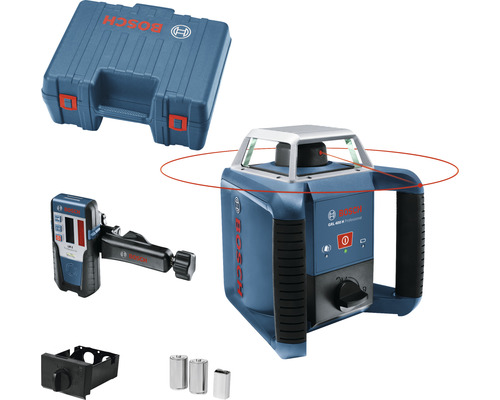 Laser rotační Bosch GRL 400 H včetně přijímače LR 1 Logo společnosti Bosch. Sada rotačního laseru Bosch GRL 400 H Professional s přijímačem, držákem, baterií a transportním kufříkem.