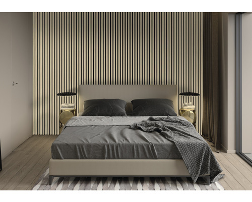 Ložnice s postelí, nočními stolky a stěnovými panely