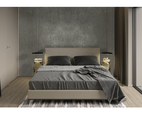 Ložnice s postelí, nočními stolky a stěnovými panely