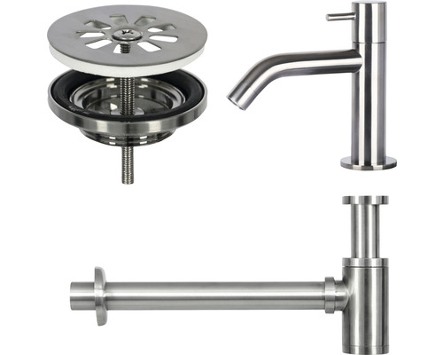 Umyvadlová baterie, sifon a odtoková souprava z nerezové oceli