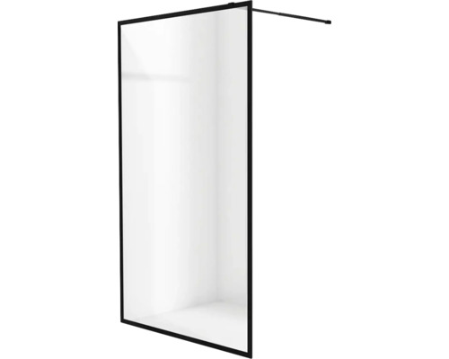 Ochranná stěna do sprchy s černým rámem.