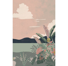 Ilustrace tropické krajiny s rostlinami, horami a mraky
