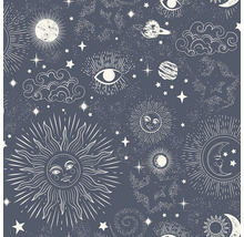 Ilustrace se sluncem, měsícem, hvězdami, mraky, planetami a okem